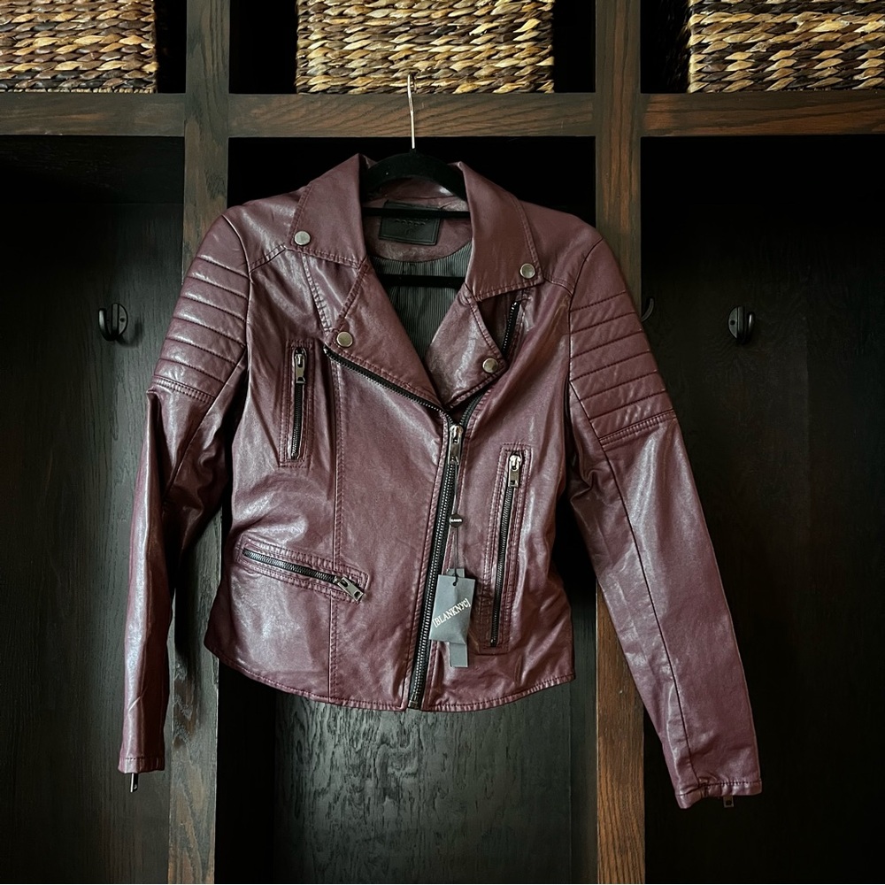 BlankNYC Faux Leather Moto Jacket burgundy maroon red